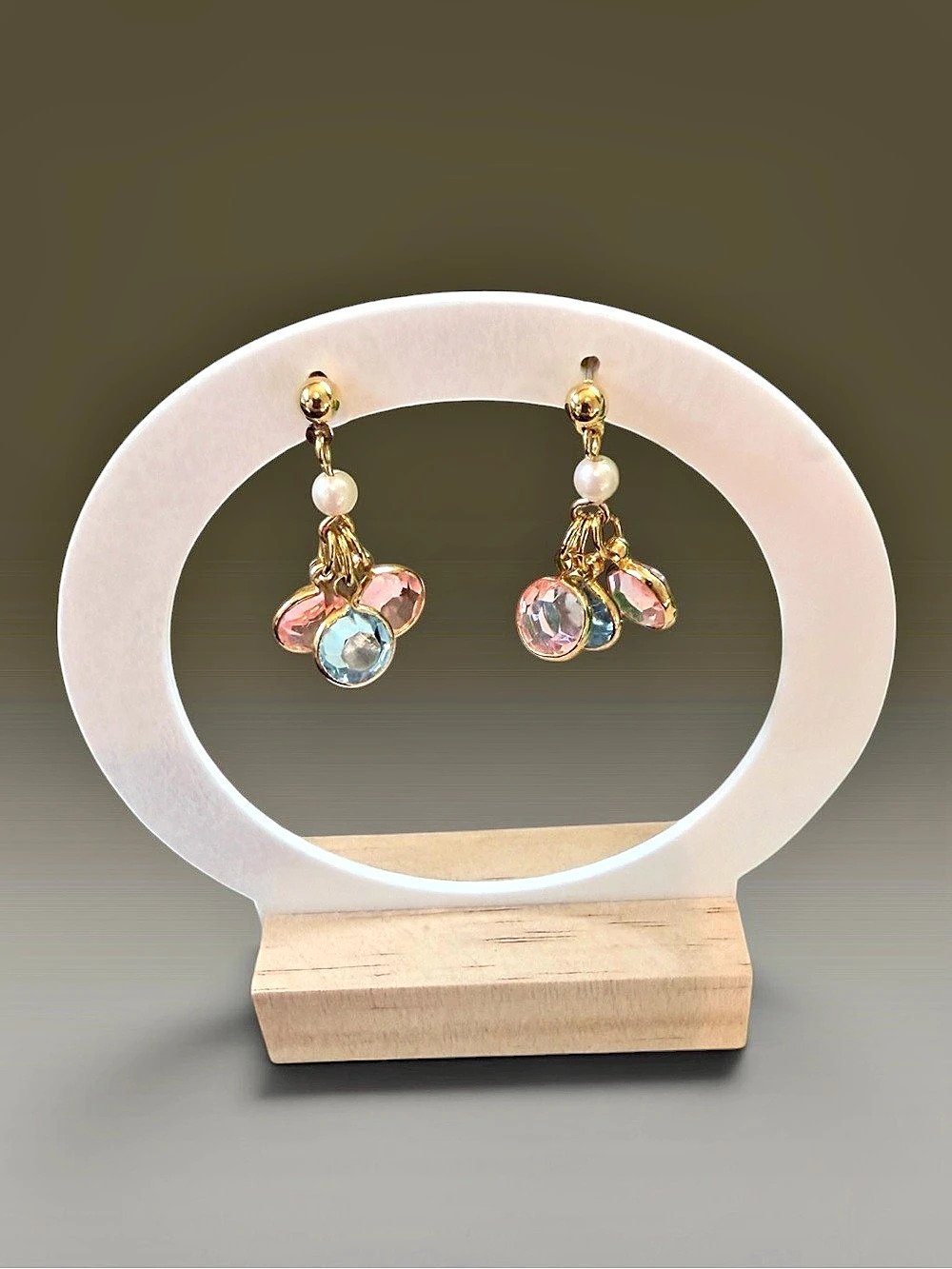 Avon Pastel Hues Gold-Tone Dangle Post Earrings w/ Gold & Pink Crystal Stones
